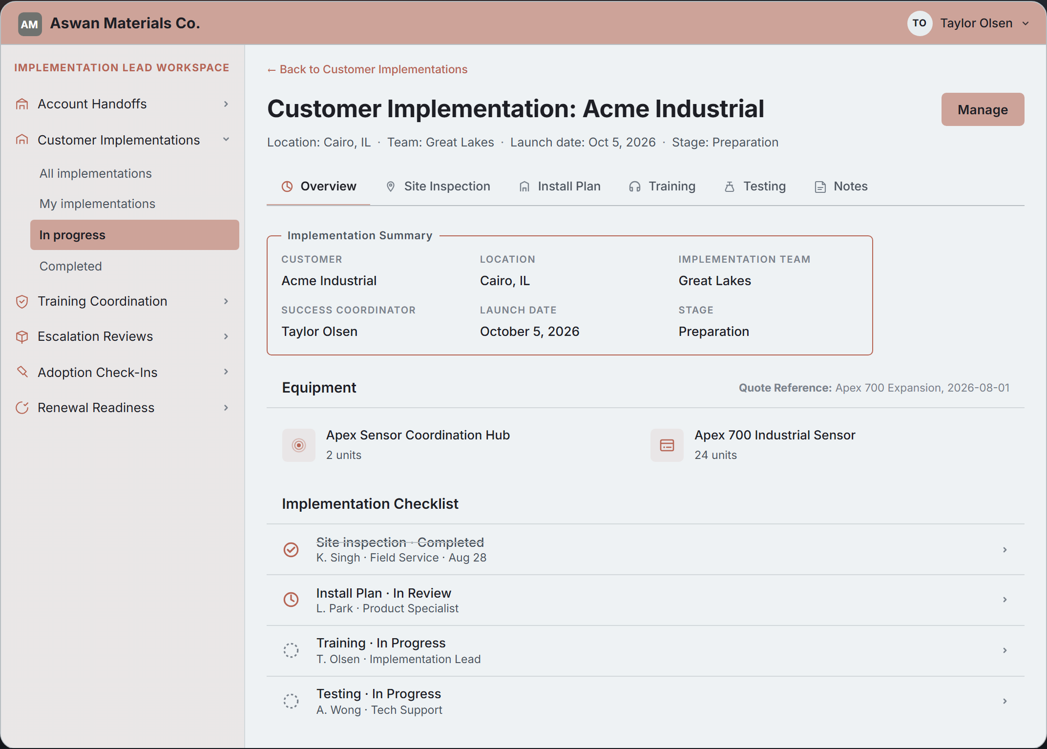 Implementation Lead workspace mock