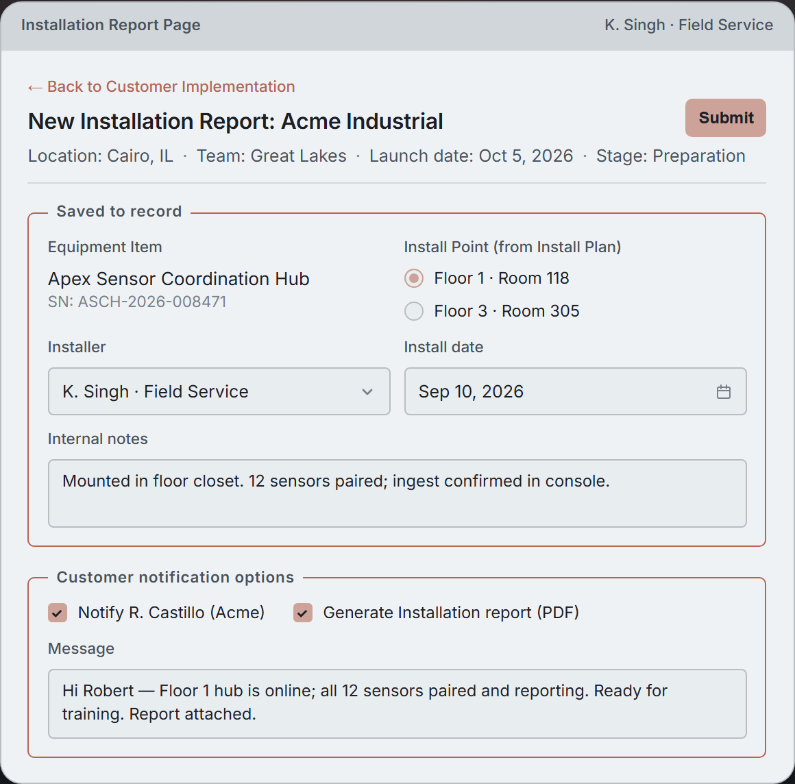 Installation Report Page mock