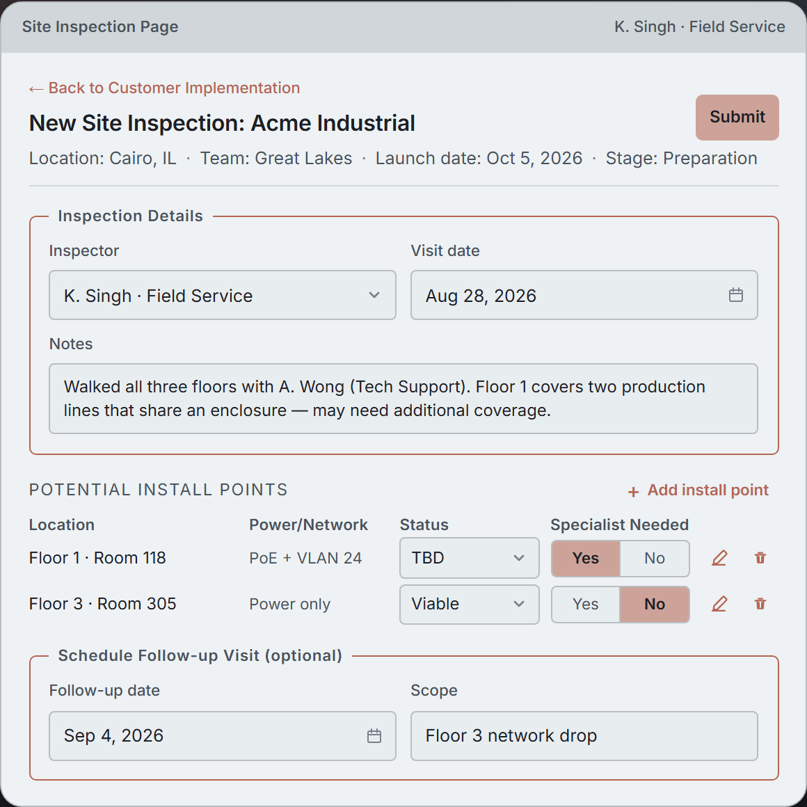 Site Inspection Page mock