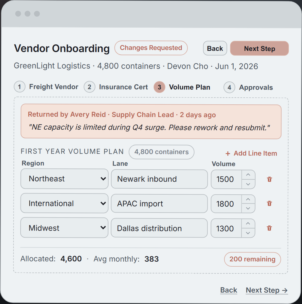 Vendor onboarding form, step 3 of 4 mock