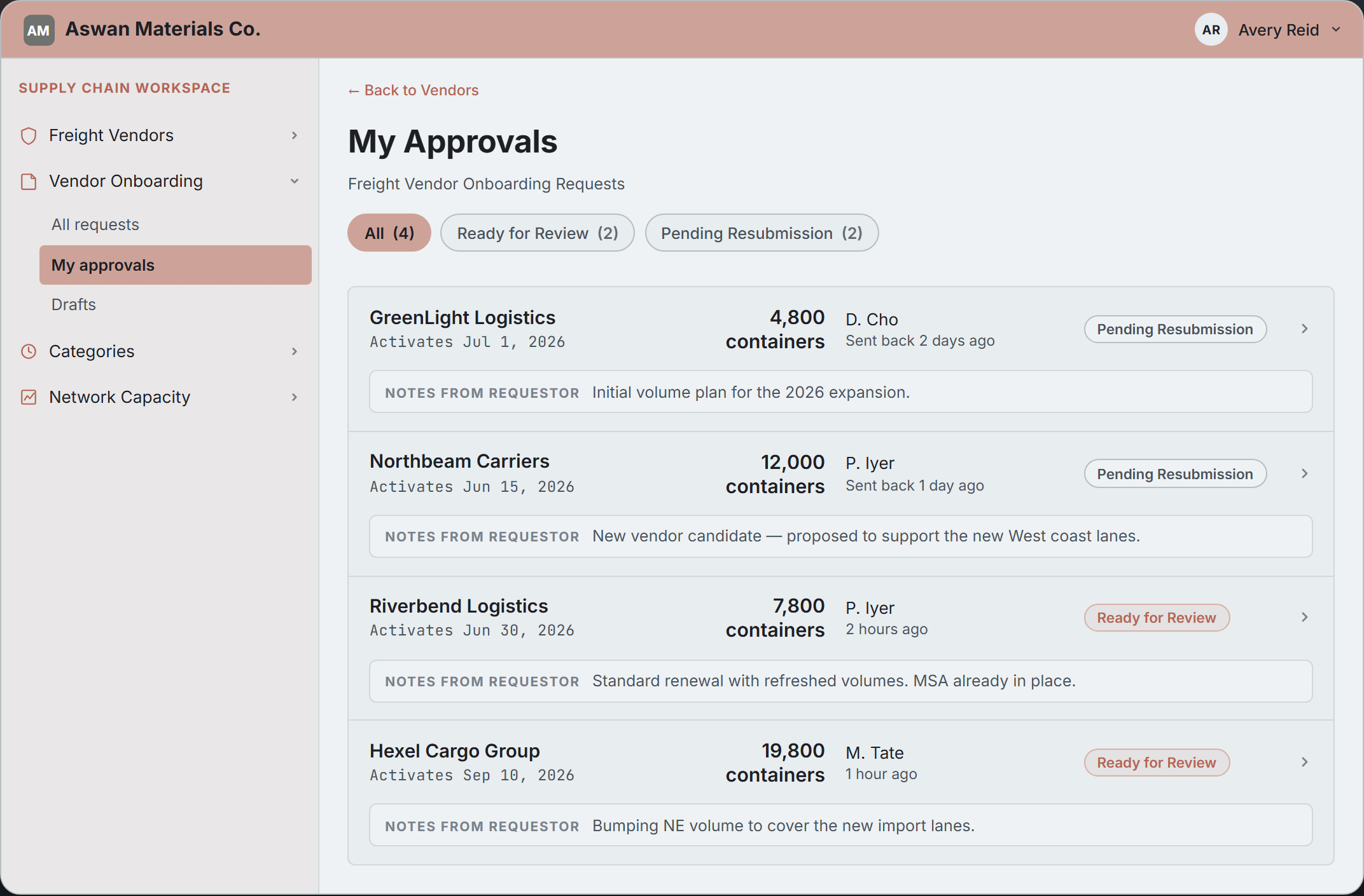 Vendor onboarding approvals workspace mock