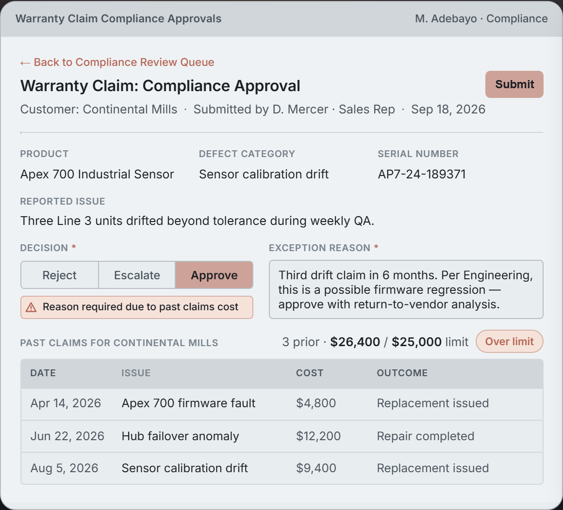 Warranty Claim Compliance Approvals mock